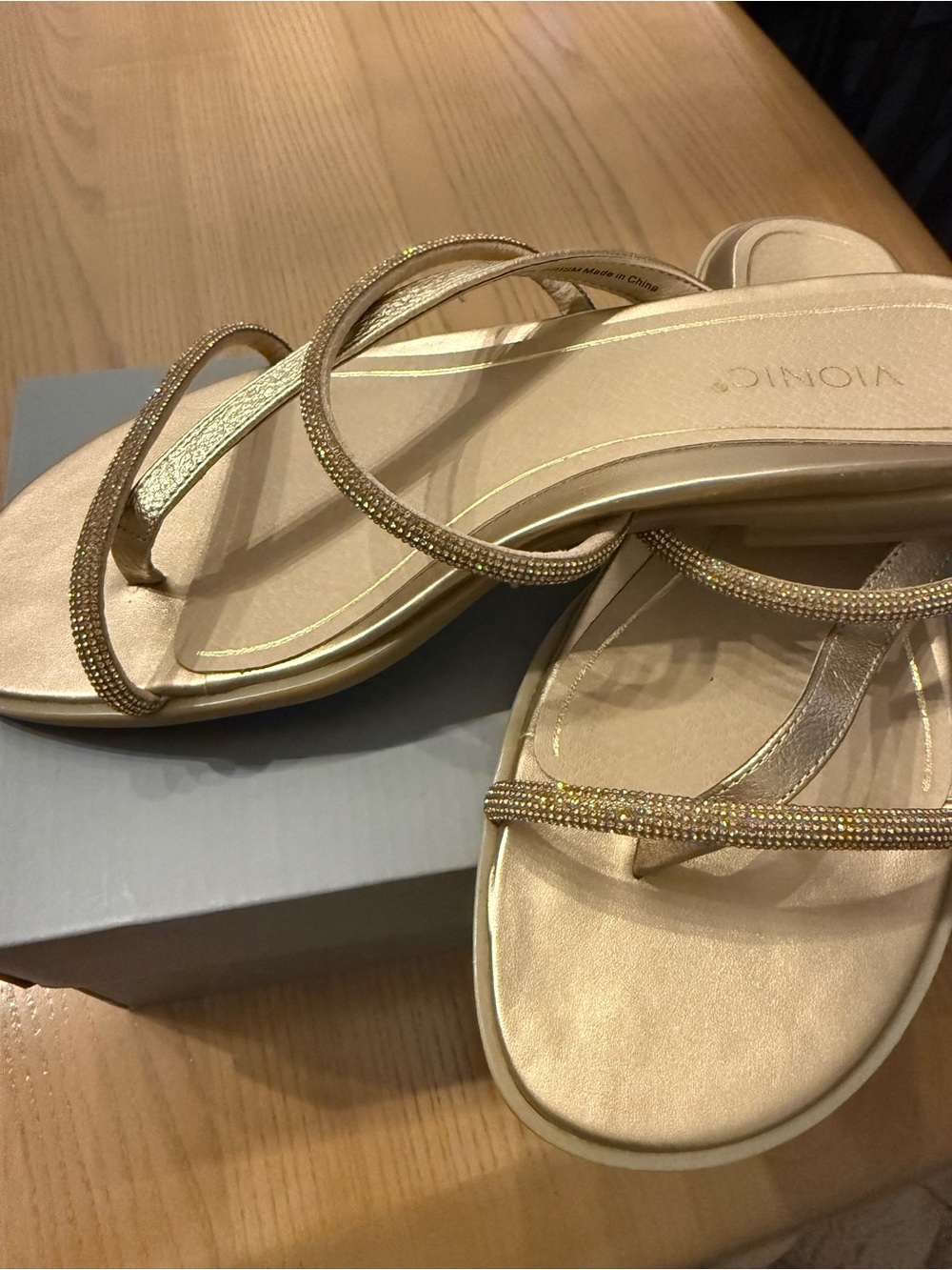 Vionic Gold Strappy Slide Sandals with Rhinestone Accents - Picture 2 of 6
